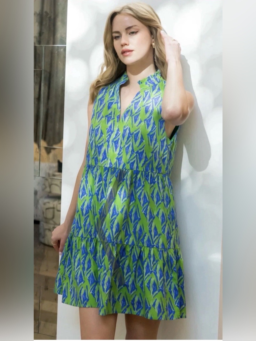 THML green & blue multi tiered flowy shift mini dress